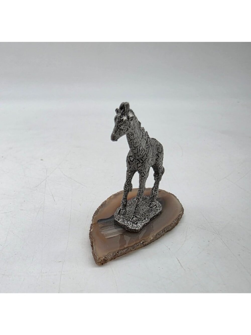 Pewter Giraffe Figurine On Polished Agate Stone Base 2" tall - Picture 2 of 8